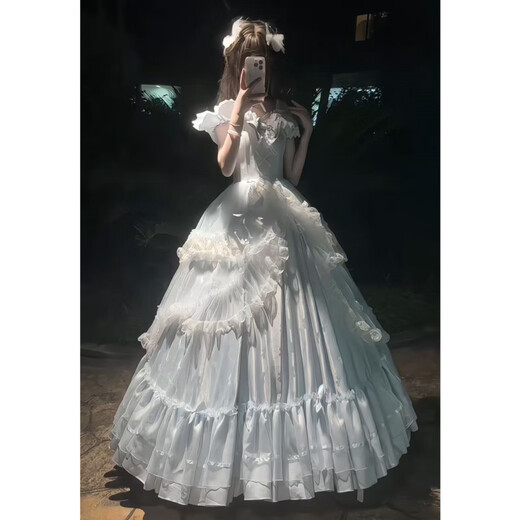 Blue lolita skirt evening dress for women 2025 new sexy student day coming of age ceremony princess wedding dress blue dress + collar + butterfly tail + bustle S