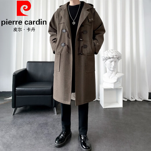 皮尔卡丹（pierre cardin）牛角扣毛呢大衣男款冬季2024新款连帽披风中长款呢子风衣外套潮流 咖啡色 XL