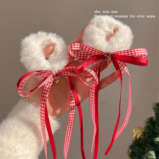 Shui Yunmiao autumn and winter Christmas bell plush bow hair tie new high-end headband rubber band New Year hairpin hair accessories bell plush bow hair tie plus velvet style one pair