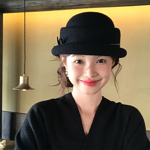 Yunju wool top hat women's autumn and winter Hepburn style women's fisherman hat fashionable winter hat beret gold style leather rope bow top hat black