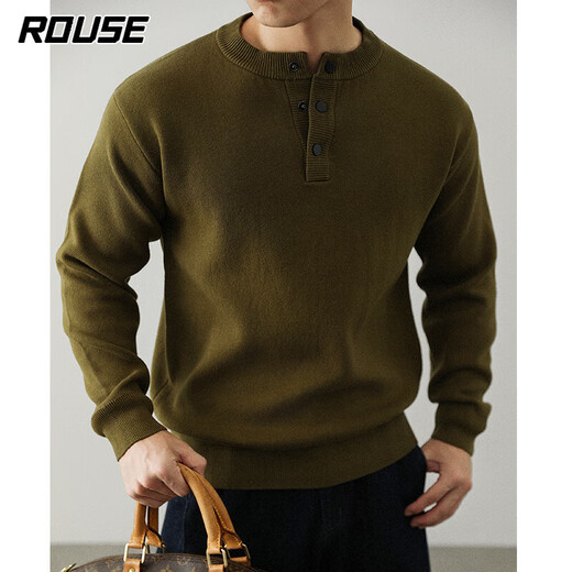 Lords Sweater Men's American Henley Collar Cotton Knitted Sweater Men's Autumn and Winter Retro Round Neck Casual Warm Bottoming Shirt Men Black M Recommended 100-115Jin Jin equals 0.5 kg