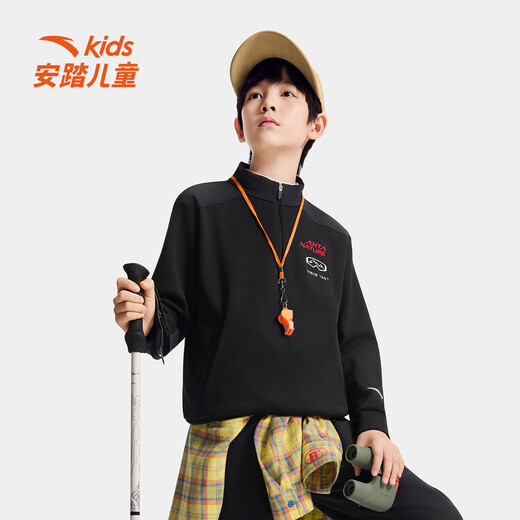ANTA children's fleece sweatshirt for boys and girls 2025 winter new Chinese ice and snow series knitted pullover basic black-4 fleece 175 cm