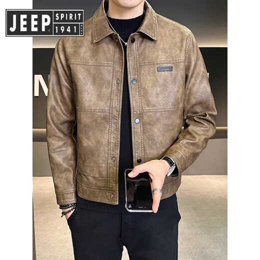 JEEP SPIRIT Jeep American fashion brand leather jacket men's autumn and winter 2025 new velvet thickened retro trendy motorcycle leather coffee color regular XL 125-145Jin Jin equals 0.5 kg
