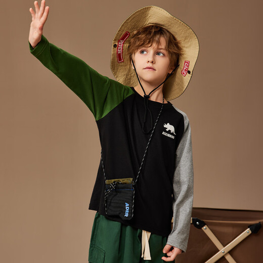 ASK JUNIOR男童长袖T恤秋装儿童印花撞色跑步打底衫 黑色 170