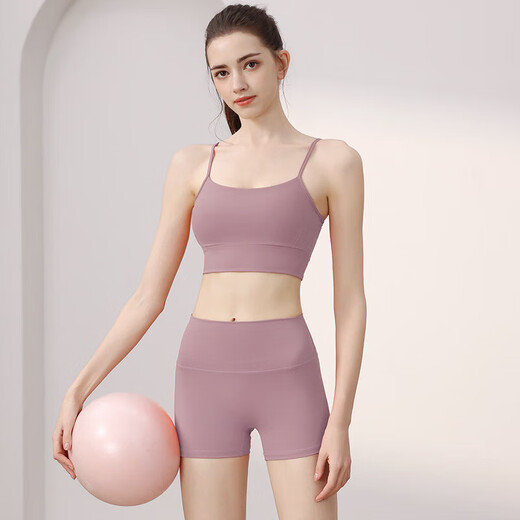 Yoga clothes for women, Pilates training sports bra, fixed cup, quick-drying breathable running fitness shorts for women, Raspberry Red + Raspberry Red M