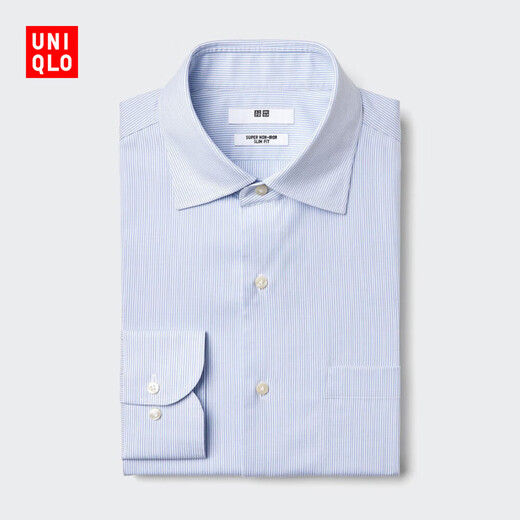 Uniqlo men's high-performance slim-fit anti-wrinkle striped shirt long-sleeved shirt business commuting 25 autumn and winter 477996 63 sky blue L /175/100A