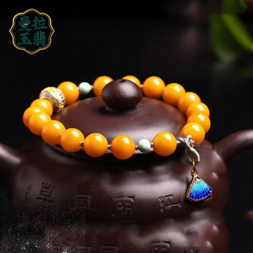 Manla Jade Pei natural full honey chicken fat yellow old beeswax round bead bracelet with turquoise cloisonné beeswax bracelet for women style 1