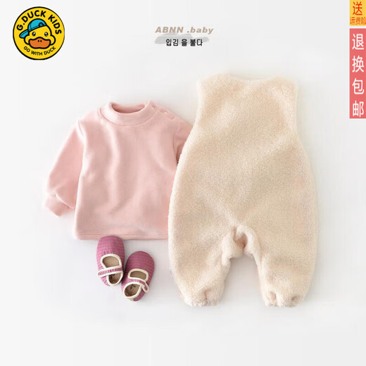 G.DUCKKIDS baby winter cute overalls set half baby plus velvet thickened furry round neck all-in-one velvet romper suit top + pants 73cm, true to size, full size