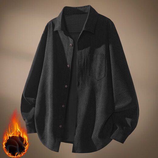MiiOW American Corduroy Shirt Men's Autumn and Winter Plus Velvet 2025 Loose Outer Clothing Trendy Cardigan Jacket Black 2XL