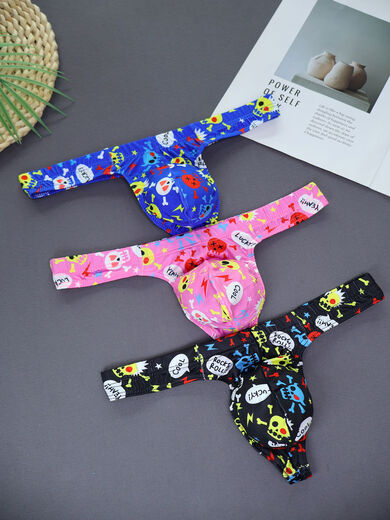 Men's Sexy Underwear Low Waist Personalized Cartoon Print T-Pants U-Protruding Tight Single Butt Small Triangle Sports Butt-Lifting T-Pants Gray S