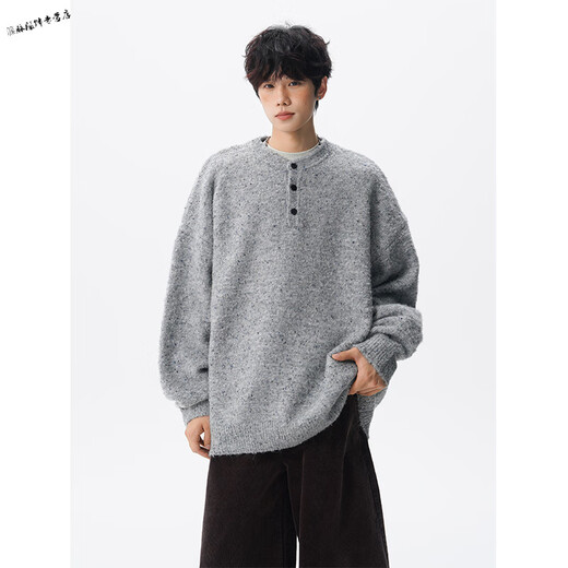 Yuexiang Henry Collar Sweater Men's Autumn Lazy Style Blended Retro Sweater Large Size Loose Versatile Sweater Jacket Trendy Gray M