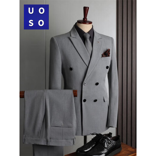 UOSO men's suit suit men's British style double-breasted business casual suit three-piece suit groom's slim formal suit a medium gray two-piece suit (suit + pants) XXS custom size optional matching remarks