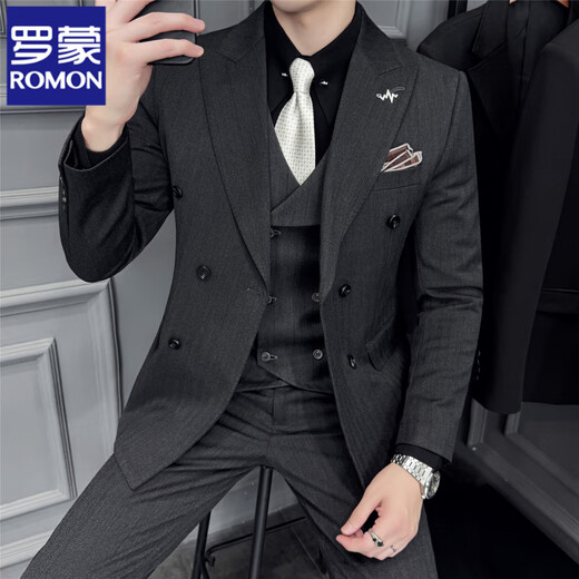 ROMON double-breasted striped woolen suit suit for men, high-end, handsome, business casual, British woolen suit jacket, brown (three-piece set), free tie XL