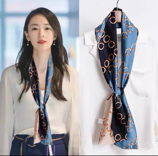 Mulberry Silk Hangzhou Real Silk Satin Goddess Shirt Versatile Long Strip Float Necklace High-end Scarf Silk Scarf Women Blue Vertical Stripes