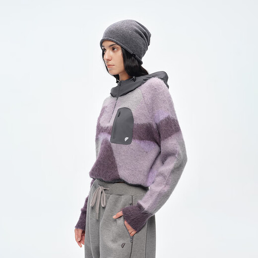 Semicircular three-color yarn interwoven women's sports 2025 winter hooded irregular jacquard texture sweater for women, twilight purple (pre-sale) M