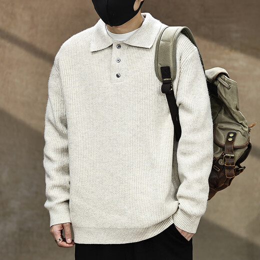 Gu Xiansen American button lapel sweater for men in autumn and winter new POLO Henry collar bottoming shirt thickened knitted sweater for men Khaki L 130-145Jin Jin is equal to 0.5 kg