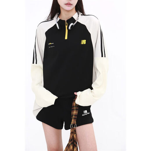 American half-zip long-sleeved T-shirt for men and women, trendy brand loose contrasting color sports tops, quick-drying, sun protection cycling clothes, T, black M M