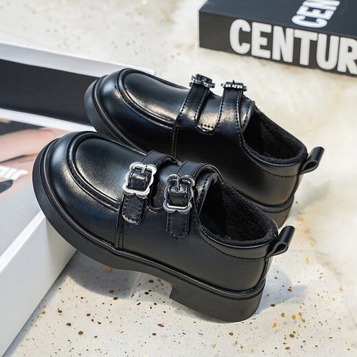 Girls' Velvet Leather Shoes 2025 Winter New Children's Princess Shoes College Style Small Single Shoes Soft Sole Black Loafers Black Velvet Size 33 Inner Length Approximately 20.2CM