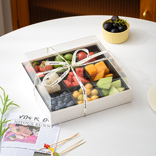 Zhiduosao four-piece fruit box, fresh fruit and fruit cut packaging box, four-grid fruit platter, disposable paper-plastic packaging box with lid, white-large-four-grid, fold-free box (set of 2)