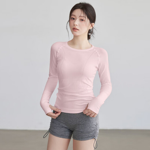 Youyou round neck quick-drying yoga clothes for women slim and elastic sports long-sleeved Pilates running training fitness clothes Falling cherry powder seamless one-piece weaving S recommended 80-95 Jin Jin equals 0.5 kg