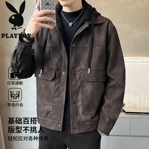 Playboy (PLAYBOY) Leather Men's Jacket 2025 New Autumn and Winter Trendy Brand Plus Velvet Warm and Handsome Fake Two-piece Detachable Hooded Leather Jacket Brown M