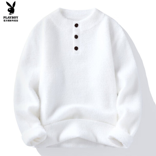 Playboy (PLAYBOY) Henry collar sweater men's mink velvet trendy knitted bottoming shirt casual warm top 2025 new autumn and winter M530 white M _ Recommended weight 90-110Jin Jin equals 0.5 kg