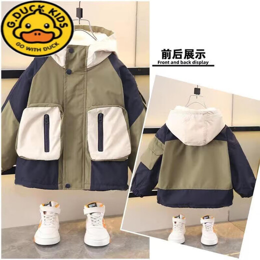 G.DUCKKIDS Boys Korean Style Jacket Plus Velvet Thickened Jacket Spring Autumn Winter 2025 New Trendy Baby Pie Jacket Cotton Jacket Red Spliced Cotton Jacket 130 Recommended height 120 cm