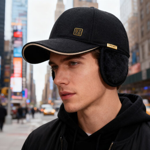 Autumn winter new national style hat men's woolen velvet baseball cap middle-aged and elderly ear protection thickened warm duck cap black one size adjustable