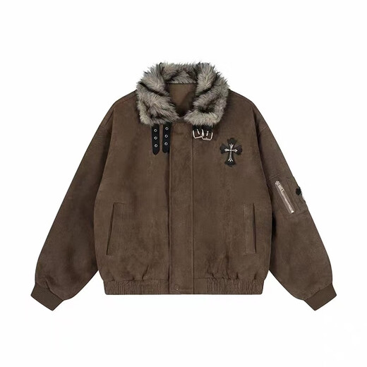 Avansby American retro Maillard lapel, mountain carving cross, thickened design, warm fur collar jacket, loose cotton coat, black L