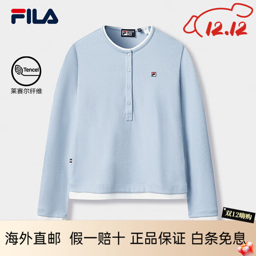FILA Women's Knitted Long-Sleeved Shirt 2025 Winter New Fashion Classic Casual Slim Henley Shirt Alice Blue-LB Same Style for Men and Women S 160/80A