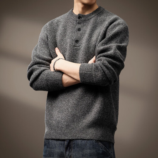 CCKELA high-end American retro wool blended Henry collar sweater for men in winter new thickened warm loose sweater for men dark gray M _Suitable for 100-120Jin Jin equals 0.5 kg