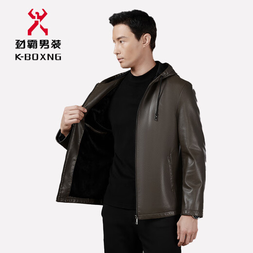 KBXNG Jinba Leather Jacket 2025 Autumn and Winter Men's Casual Middle-aged Hooded and Velvet Warm Leather Jacket Champagne 2261-K M 170