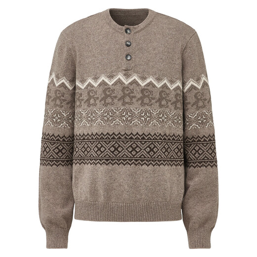 Nanzihan Christmas Penguin Fair Isle Henley Neck Sweater for Men and Women, Autumn and Winter Lazy High-Quality Knitwear, Apricot M