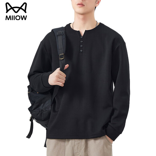 MiiOW Henry collar men's long-sleeved T-shirt autumn and winter fleece top sweatshirt men's inner layering shirt boys black fleece 4XL 180-200Jin Jin equals 0.5 kg