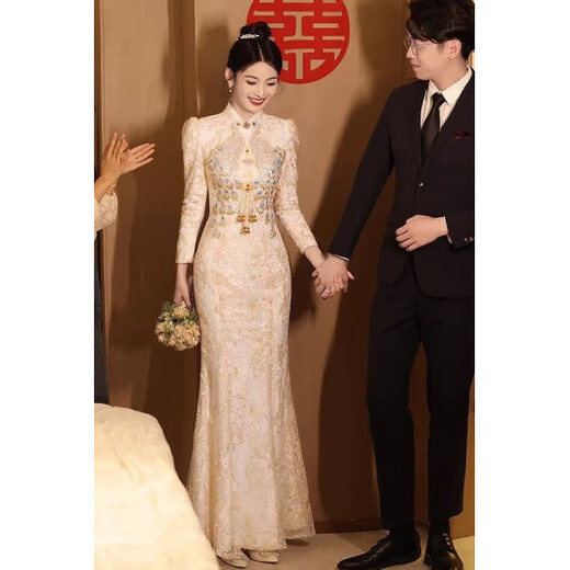 Fenggao (fenggao) Toast Wear Bridal 2025 New Winter Clothes Chinese Cheongsam Toast Wear Bridal Fishtail Skirt Xiuhe Suit Champagne Color Long Sleeve XL