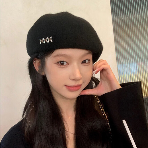 Duanxiangyu woolen beret women's hat autumn and winter fashionable newsboy hat 2025 new Korean style versatile forward hat xxx metal label black woolen beret two-wear style one size