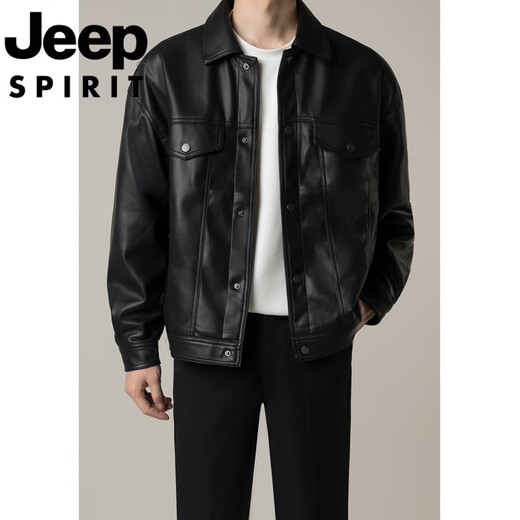 JEEP SPIRIT Jeep international brand autumn and winter trendy men's handsome high-end men's motorcycle short leather jacket jacket for men black 4XL