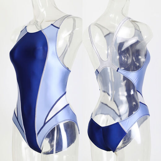 Sleeveless color-blocked glossy elastic silky backless swimsuit tight Japanese style Paluffi T jumpsuit for men and women Peacock Blue No Chest Mark M M