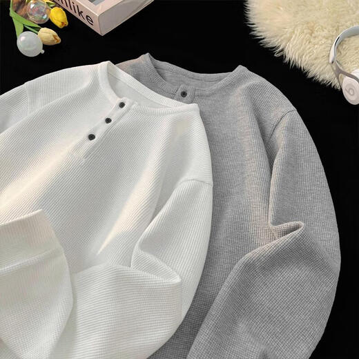 Pure (YISHion) Henry collar long-sleeved T-shirt for men in spring American heavyweight lazy bottoming shirt in spring and autumn style with sweatshirt for men white M