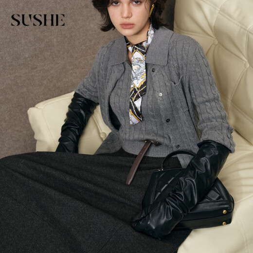 SUSHE Variations Hepburn Style Heavy Wool Structured Skirt Elastic Waist Swing Umbrella Skirt Women Dark Gray M