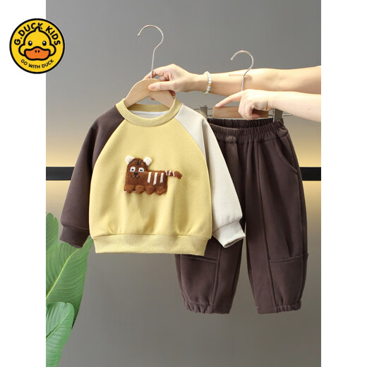 G.duck Little Yellow Duck Boys Winter Clothes Plush Three-piece Set 2025 New Beige 120 cm