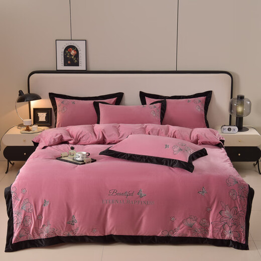 Dunlopillo Italian zsvip Class A baby velvet four-piece set autumn and winter suede thickened warm new bed sheet quilt cover sketch-bean paste red 1.8m bed sheet quilt cover plus four-piece set