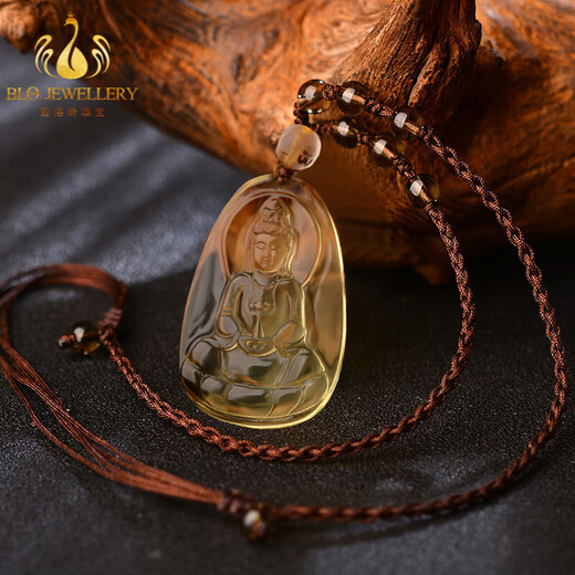 Bailuoqi Natural Citrine Guanyin Pendant Necklace Guanyin Bodhisattva Pendant Ping An Men's Buddha Statue Native Buddha Amulet Citrine (With Lanyard)