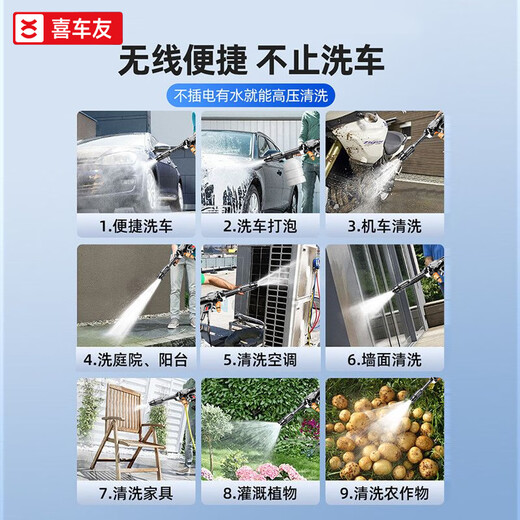 Xicheyou Wireless High-Pressure Car Washing Machine Home Brush Car Water Gun Portable Lithium Battery High-Power Supercharged Cleaning Artifact German Turbocharged 96V Single Battery + Enhanced Power 5-meter Explosion-proof Pipe German Top-equipped Water Gun + Lifetime Warranty + Free Storage Box + Shipping Insurance + Seven-day Trial