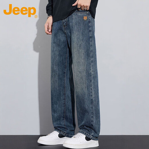 JEEP jeans men's autumn and winter straight casual pants men's loose wide-leg pants stretch nostalgic blue 34