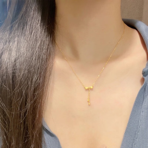 Yongsi 18K gold pure handmade gold bow tassel necklace feminine simple imitation 18k gold water drop clavicle chain