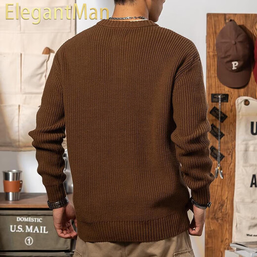 ElegantMan Henry Collar Sweater Men's Winter Lazy Style Thickened Tough Guy Loose Knitted Sweater Jacket Men's Autumn and Winter Khaki S _Suitable for 90-119Jin Jin is equal to 0.5 kg