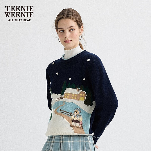 Teenie Weenie Bear Women's Sheep Wool Blended Allover Three-dimensional Intarsia Round Neck Pullover Sweater Knitwear Navy L