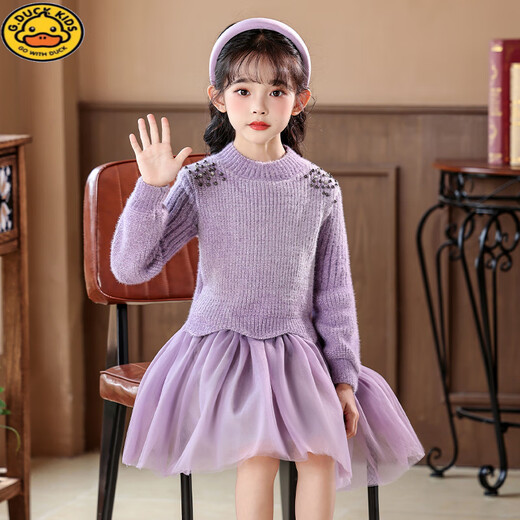 G.duck Girls Sweater Dress 2025 Autumn and Winter New Children's Princess Skirt Velvet Thickened Little Girls Knitted Dress Violet 120 cm Recommended 110-120cm Age 5-6 years old
