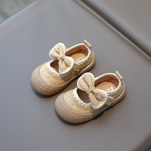 Tyrannis Bow Princess Shoes Children's Soft Sole Infants 0-1-3 Years Old Toddler Shoes Trendy 4 Beige 16_Inner Length 12.0cm